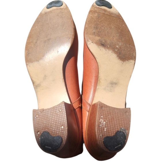 Vintage Terra Cotta Brown Tall Leather Boot Size 10 Small Strap Buckle Wood Heel - Picture 9 of 9